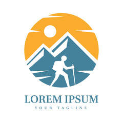 Hiker with Backpack under Sun and Mountains Ideal for Travel, Outdoor, Nature, and Adventure Brand Identity