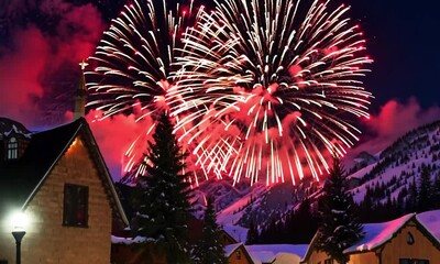 New Year’s fireworks over a snowy mountain village - Powered by Adobe