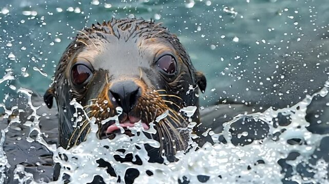 A curious fur seal swims gracefully, peering into the depths of its vibrant aquatic environment. The playful creature showcases its charm and personality in a captivating display of marine life.
