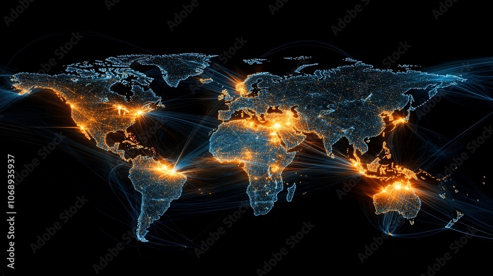 Wall mural a stylized world map with glowing lights and lines representing connections and global network.