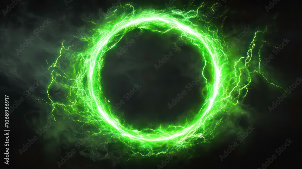 Poster an electric green lightning round frame with a plasma portal on a transparent overlay or black backg