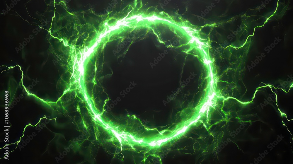 Poster an electric green lightning round frame with a plasma portal on a transparent overlay or black backg