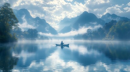 Fototapeta premium A lone kayaker paddles through a serene lake at sunrise, surrounded by misty mountains.