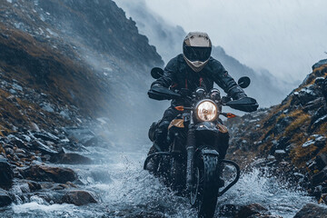 Obraz premium Motorcycle adventure through rocky terrain during a rainy day