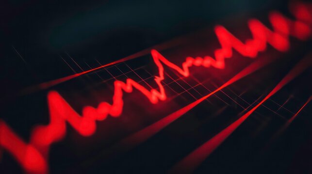 An electrocardiogram showing a flatline heartbeat in a stressful situation, a heart rate in a quiescent state. Black background with red heartbeat line