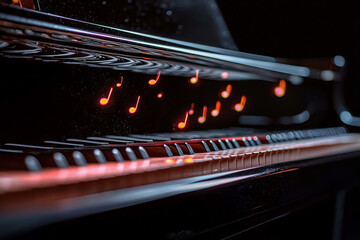 Illuminated piano keys with musical notes glowing at night