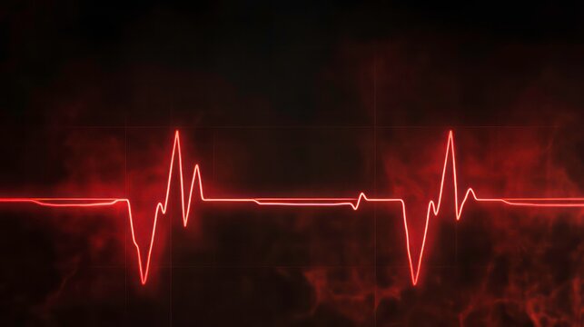 An electrocardiogram showing a flatline heartbeat in a stressful situation, a heart rate in a quiescent state. Black background with red heartbeat line
