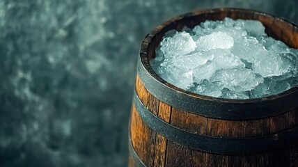 Fototapeta premium A rustic wooden barrel filled with ice, set against a muted background, evoking a cool and refreshing atmosphere.
