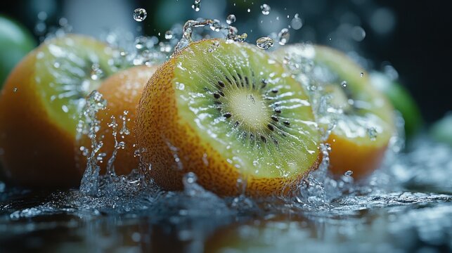 Fresh Kiwi Splashes in Water - A Vibrant and Refreshing Food Image Ideal for Culinary and Health Promotion
