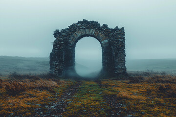 Ruins of an ancient archway in a misty landscape during twilight