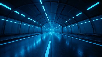 Futuristic road tunnel with neon blue lights and smooth surface, creating a sci-fi inspired atmosphere
