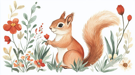 Hand-drawn watercolor of a squirrel and cute flowers and plants.
