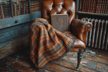 A leather armchair adorned with a colorful plaid blanket sits next to old books in a charming, rustic library. The warm atmosphere invites relaxation and reading