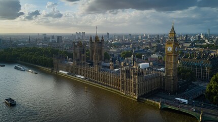 Obraz premium Aerial view of the Houses of Parliament and Big Ben in London, England, with the River Thames in the foreground.