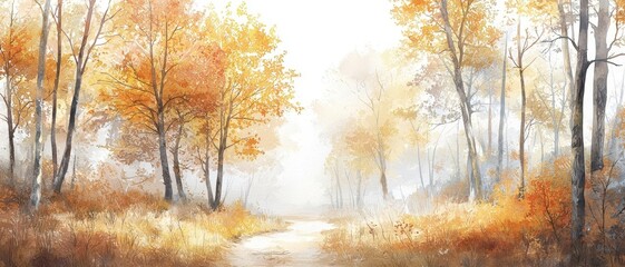 Fototapeta premium A serene autumn landscape with trees adorned in golden leaves, illuminated by soft light, creating a tranquil and dreamlike atmosphere.