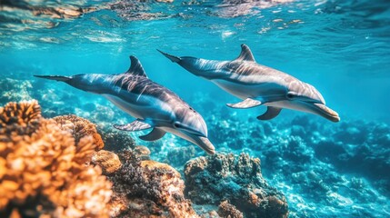 Fototapeta premium Two dolphins swimming in clear blue water over a coral reef.
