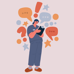 Cartoon vector illustration of a female nurse taking a medical history, standing with a tablet and writing notes