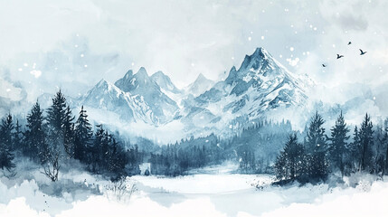 Obraz premium Winter Mountain Landscape in Watercolor