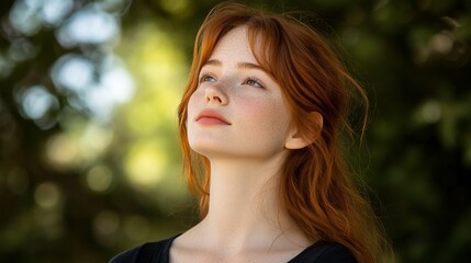 Obraz premium A young woman with red hair looks up thoughtfully, with a soft green background of blurry foliage.