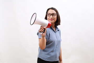 Young Asian business woman holding megaphone isolated on white background, Speech and announce concept