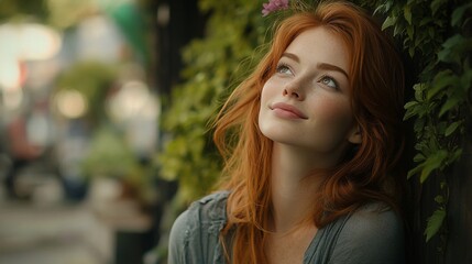 Obraz premium A young woman with red hair smiles as she looks up at the sky.