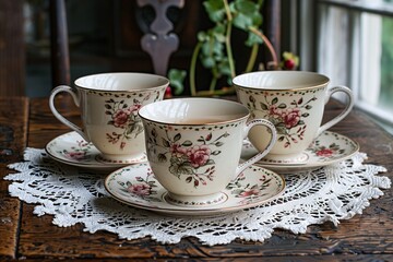 Three delicate tea cups with floral patterns sit on matching saucers atop a lace tablecloth. A soft, warm light shines through a nearby window, enhancing the inviting atmosphere