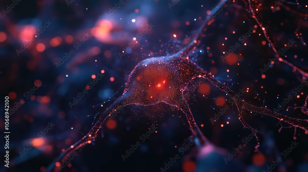 Poster A close-up view of a neuron, showcasing its structure and connections in a digital format.