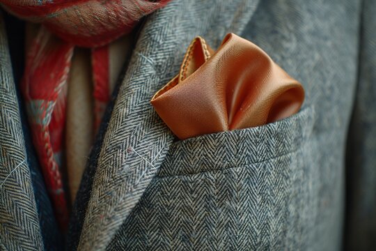 This shot highlights a finely crafted herringbone jacket adorned with a striking orange pocket square. A stylish scarf adds a sophisticated touch to the overall look