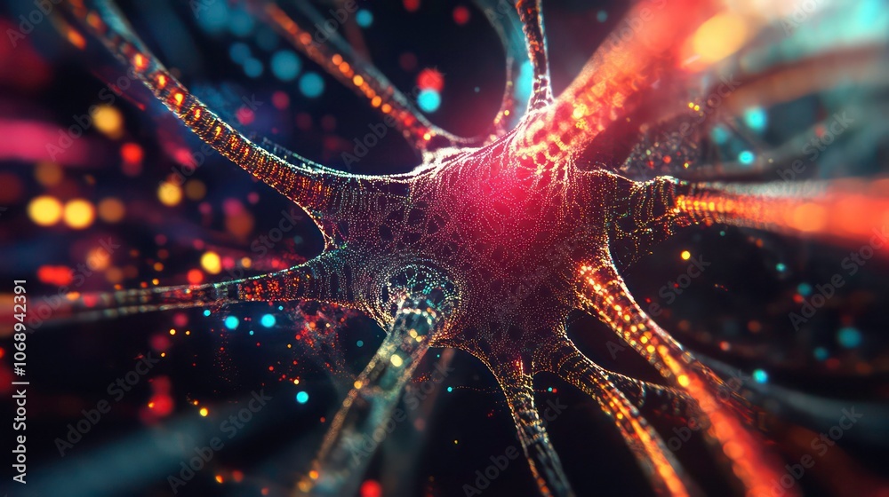 Poster A close-up view of a neuron, showcasing its structure and connections in a vibrant, abstract style.