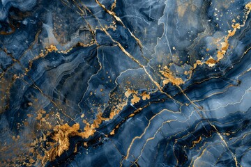 Fototapeta premium Navy blue dark marble pattern with golden veins. Detailed photo textured background