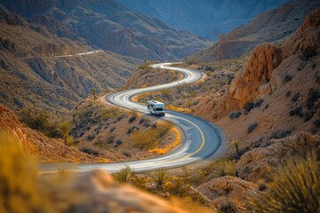 RV driving on a winding road through a desert canyon
