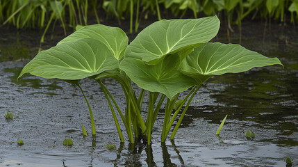 Close-Up of Arrow Arum in Shallow Marsh Water – Ultra-Realistic 8K Image