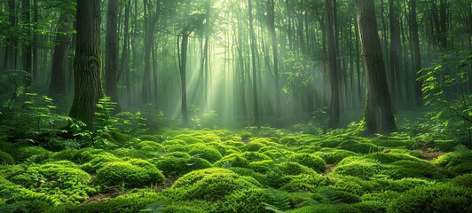 Obraz premium A serene forest scene with lush green moss covering the ground, surrounded by tall trees. 