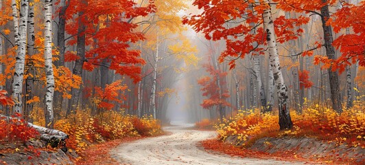 A serene autumn landscape featuring a winding dirt path through a forest. The trees are adorned with vibrant red and orange leaves, creating a warm and inviting atmosphere. 