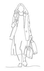 Woman with shopping bags using mobile phone on teh go and walking. Wear dress and jacket. Continuous line drawing. Black vector in line art style.