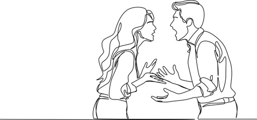 continuous single line drawing of couple arguing and yelling at each other, line art vector illustration