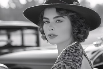 A young woman, dressed in chic vintage fashion complete with a stylish hat and pearl necklace, gazes towards the camera while parked near a classic car, evoking a nostalgic atmosphere