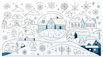 Naklejka premium Illustration of a winter landscape with houses, trees, snowflakes, and clouds. The scene includes snowy hills and abstract snowy elements, creating a serene winter atmosphere.