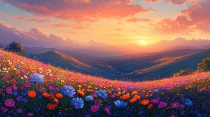 A vibrant field of wildflowers blooms on a hilltop, bathed in the golden light of a setting sun with the backdrop of rolling mountains.