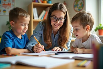 Fototapeta premium Dedicated Teacher Supporting Young Students with Engaging Learning Activities in Early Education
