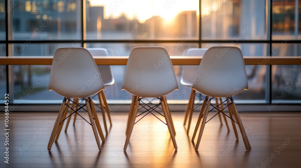 Aufkleber a modern workspace featuring a table and chairs with a backdrop of a sunset.
