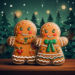 Naklejka premium Gingerbread couple in a festive forest setting, celebrating the holiday season with Christmas cheer