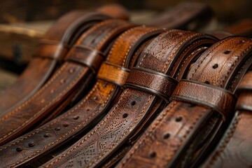 Several finely crafted leather belts are displayed, showing their rich textures and craftsmanship. The belts are in various shades of brown, laid out on a rustic wooden table