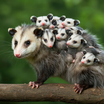 Virginia opossum, didelphis virginiana, female with babies on her back in natural habitat