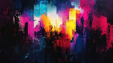 Colorful abstract painting highlighting layered textures and vibrant hues, offering a dynamic visual experience with ample copy space for creative use.