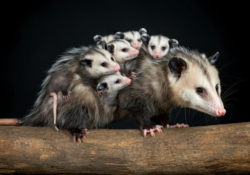 Virginia opossum, didelphis virginiana, female with babies on her back