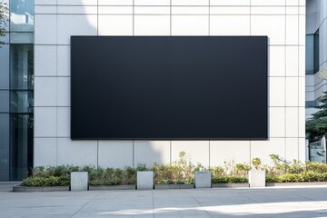 Blank billboard on a building wall with plants in front of it. Mockup for advertising.