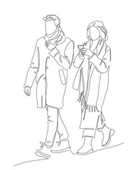 Couple walking. Woman using phone. Wear warm clothes, coat in winter season. Continuous line drawing. Black and white vector in line art style.