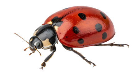 closeup of a red ladybug with black spots isolated on transparent background.