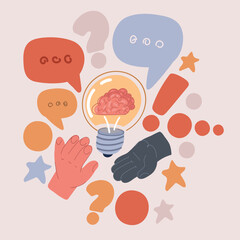 Cartoon vector illustration of people passing an idea to each other, symbolized by a lightbulb with a brain inside